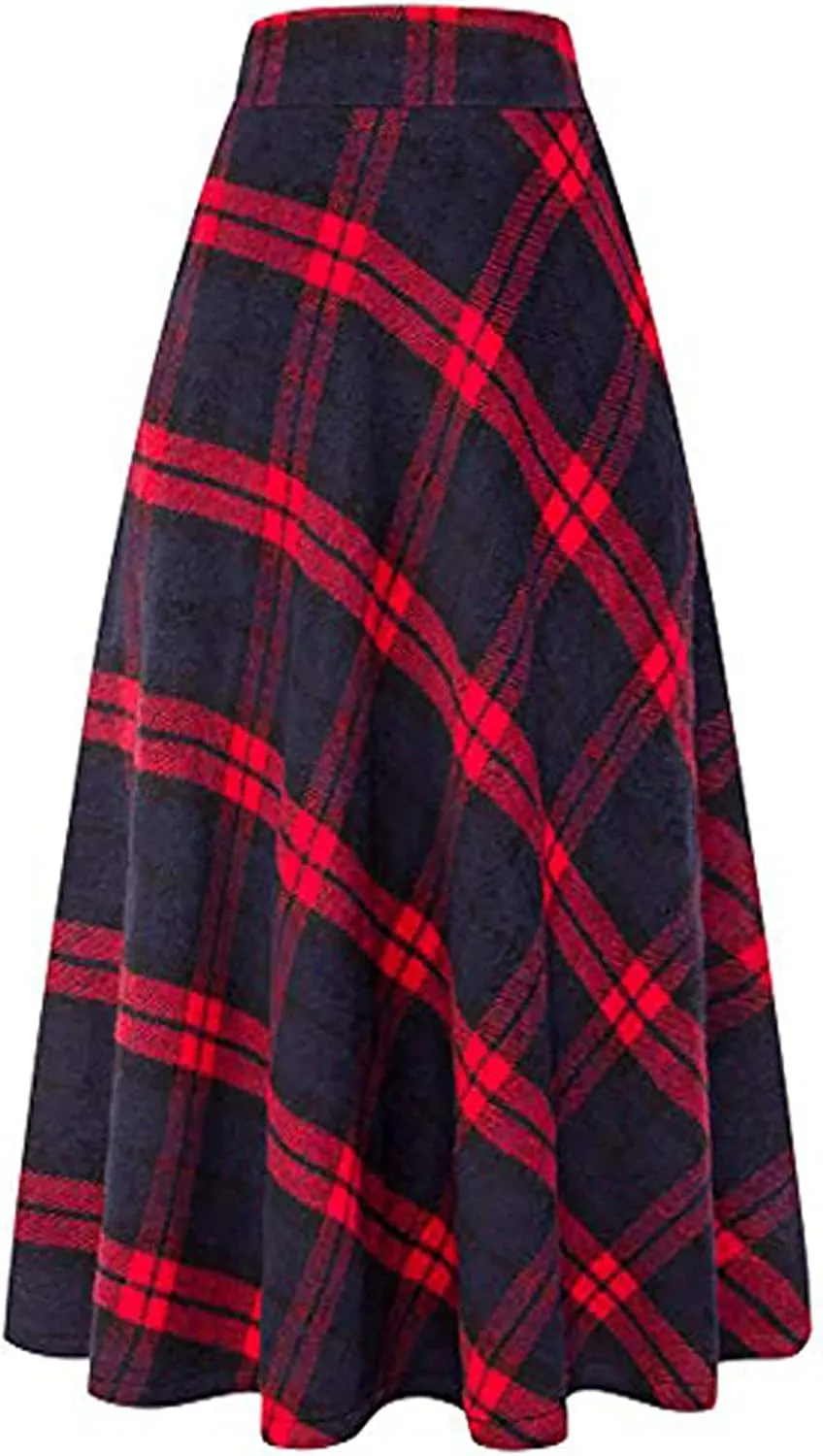 Pleated Skirts for Women Winter Warm Woolen Plaid Skirt High Waist Classic A-Line Skirts Solid Color Swing Skirt