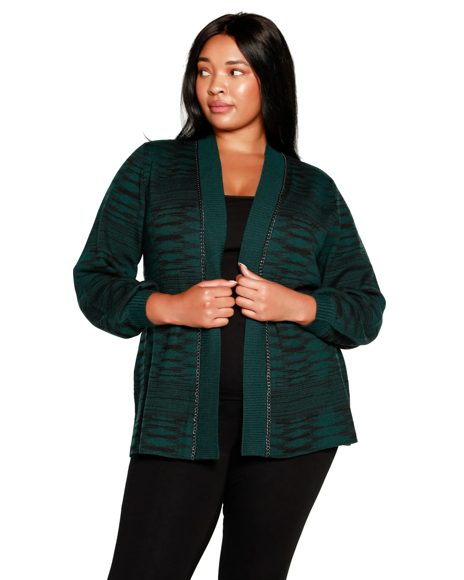 Plus Size Space Dye Jacquard Belted Cardigan | Deep Emerald