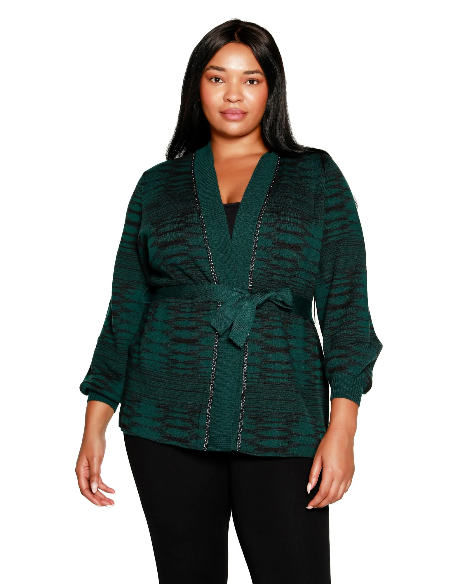 Plus Size Space Dye Jacquard Belted Cardigan | Deep Emerald