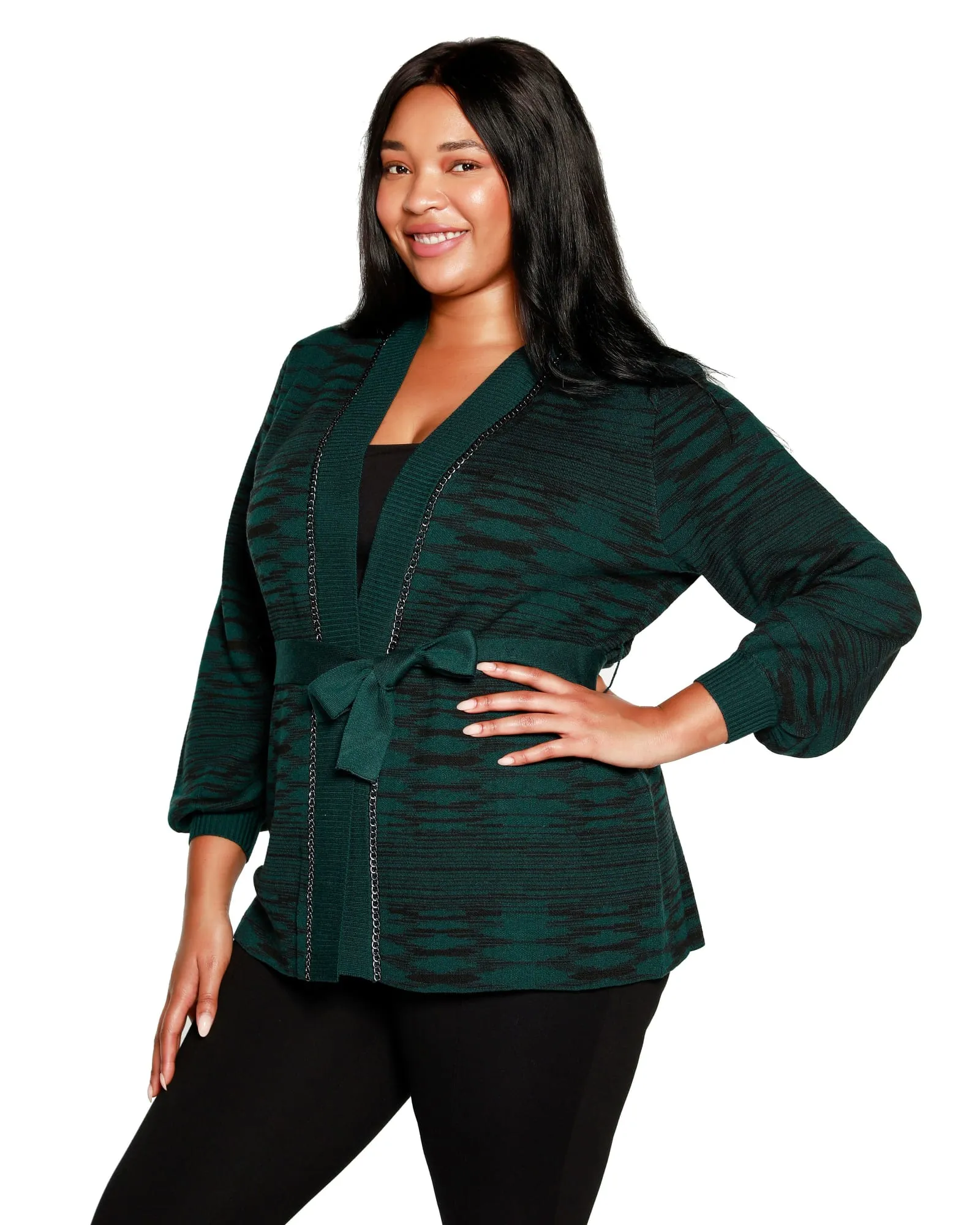 Plus Size Space Dye Jacquard Belted Cardigan | Deep Emerald