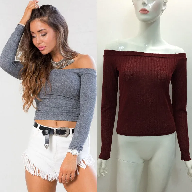 Pure Color Long Sleeves Off Shoulder Regular Sweater