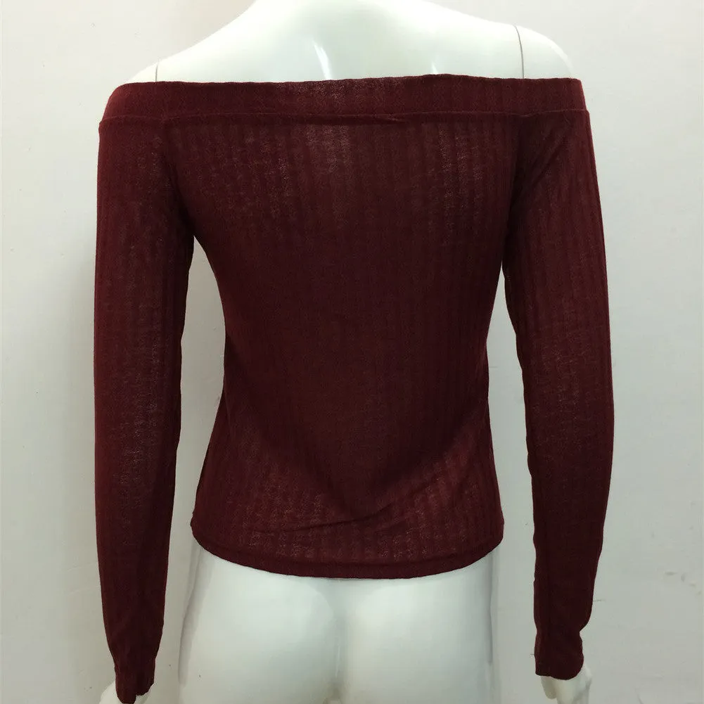 Pure Color Long Sleeves Off Shoulder Regular Sweater