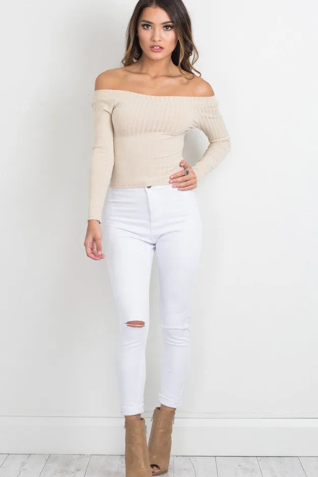 Pure Color Long Sleeves Off Shoulder Regular Sweater
