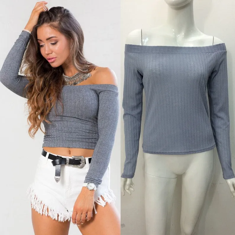 Pure Color Long Sleeves Off Shoulder Regular Sweater