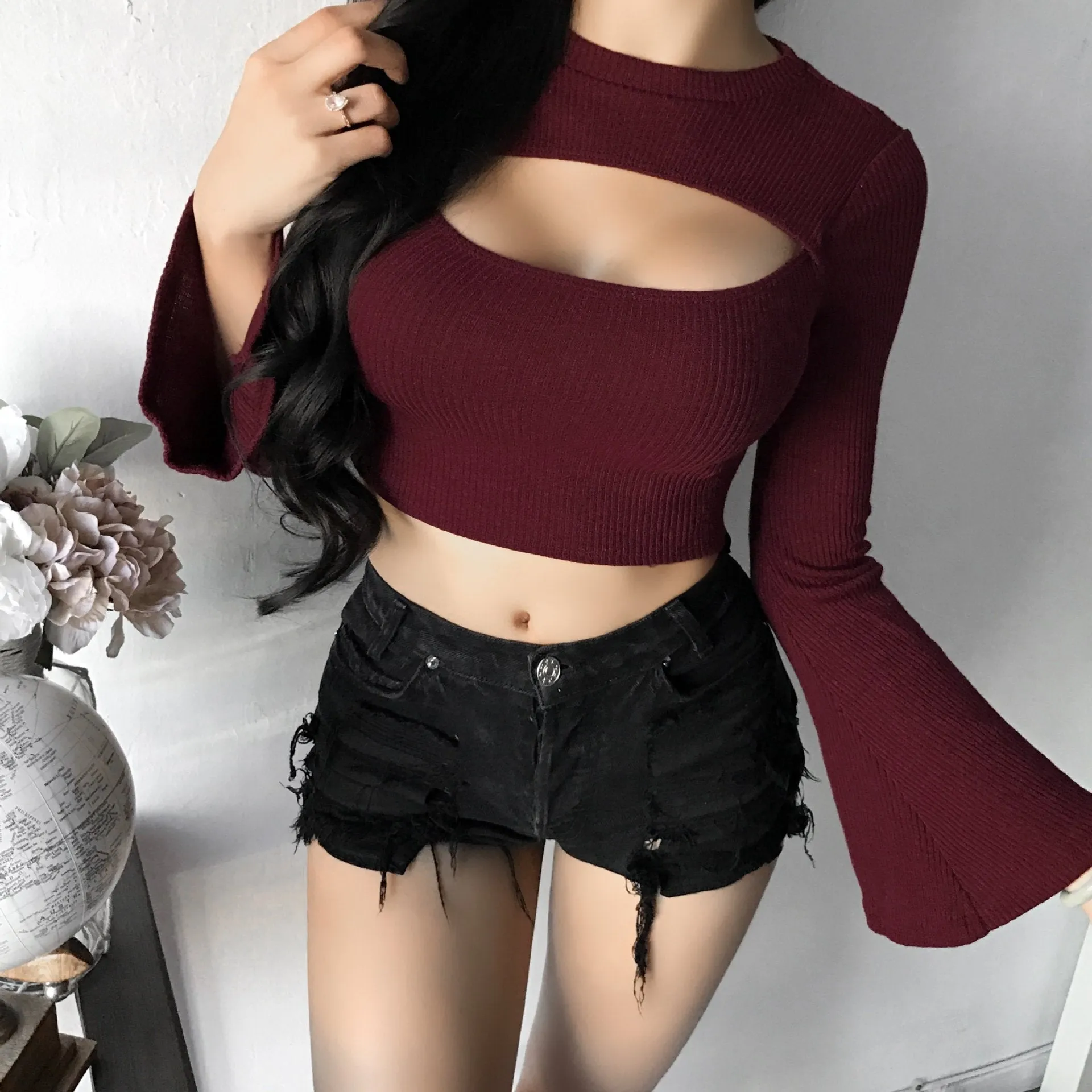Pure Color Long Sleeves Scoop Hole Cut Out Sweater