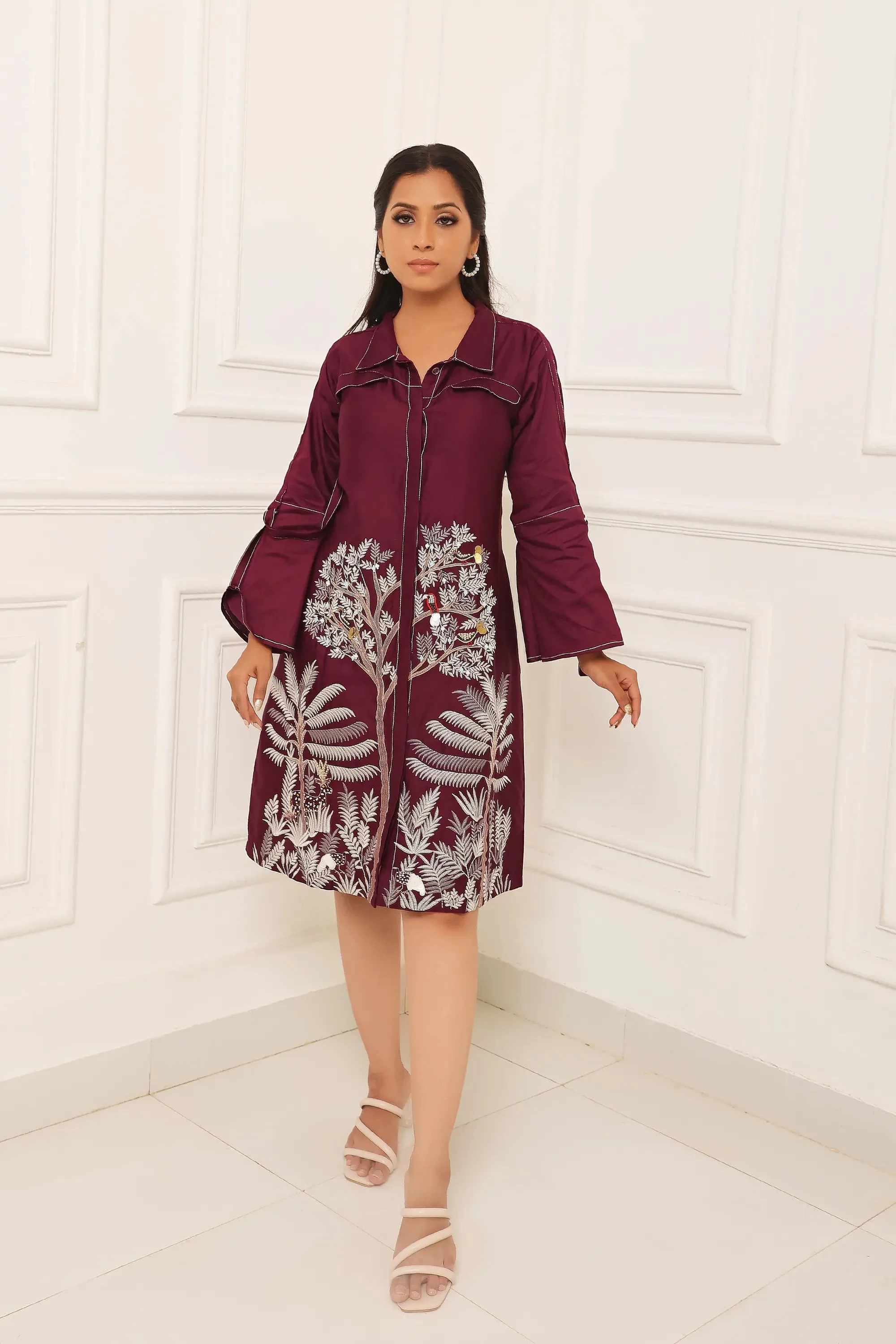 Purple Embroidered A Line Shirt Dress