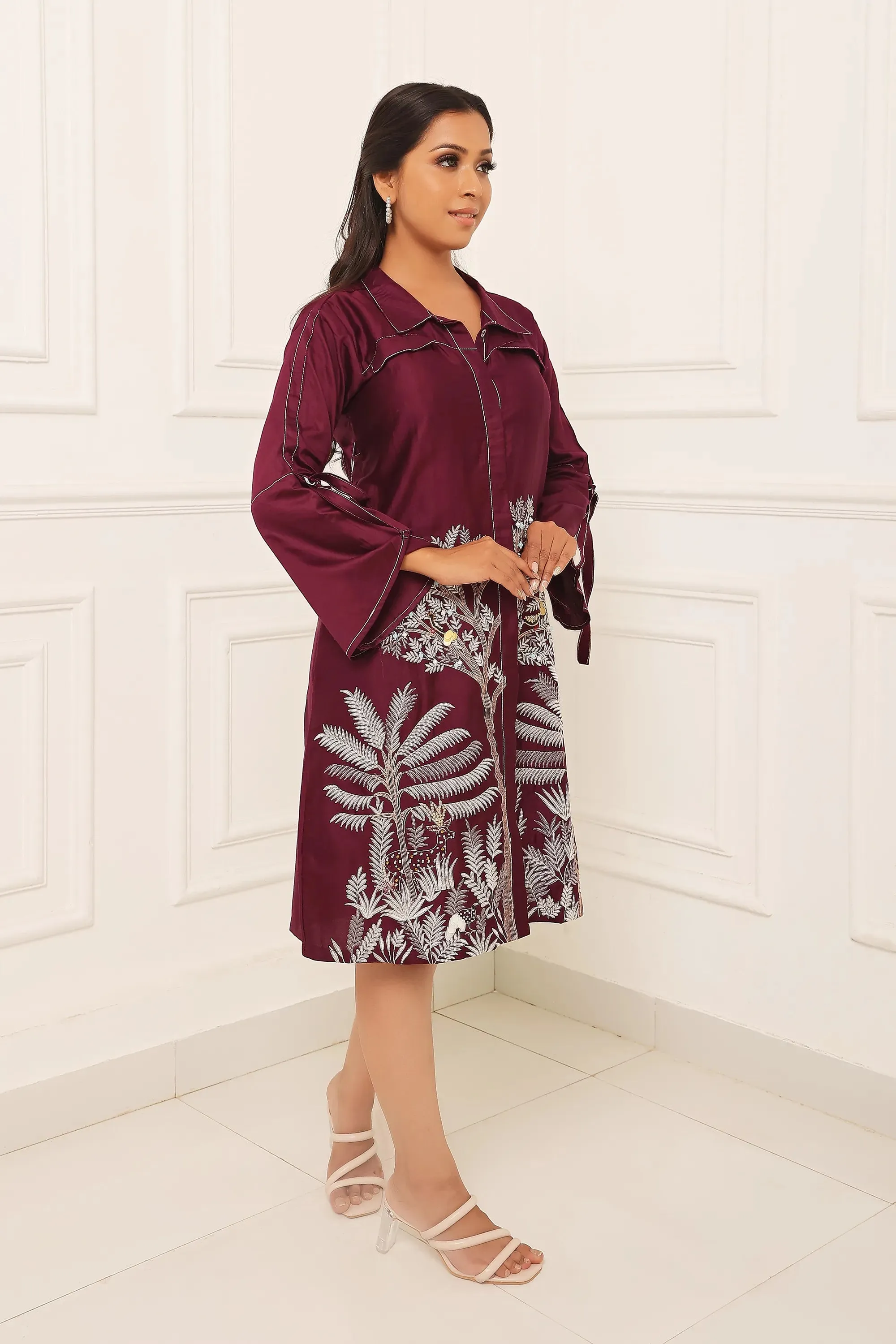 Purple Embroidered A Line Shirt Dress