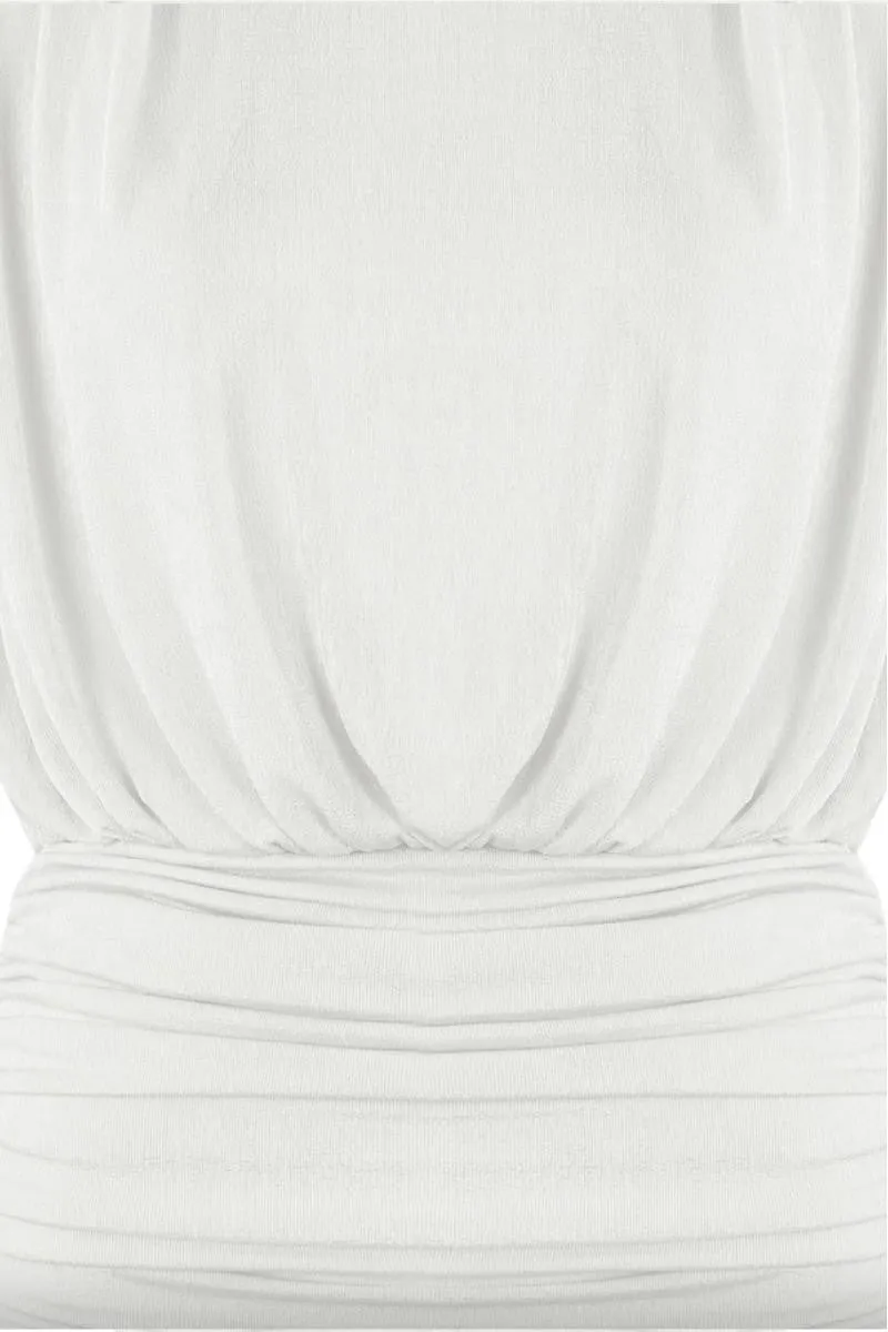 Renira - White Ruched Slinky Sleeveless Mini Dress