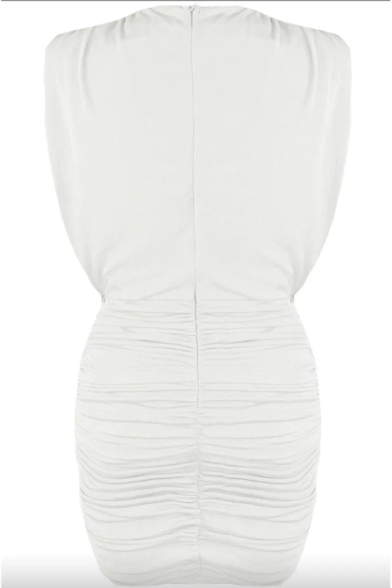 Renira - White Ruched Slinky Sleeveless Mini Dress
