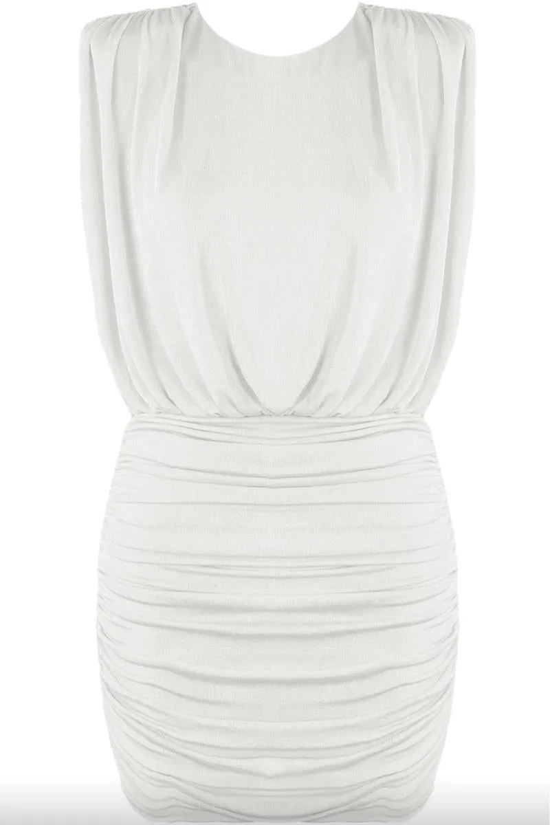 Renira - White Ruched Slinky Sleeveless Mini Dress