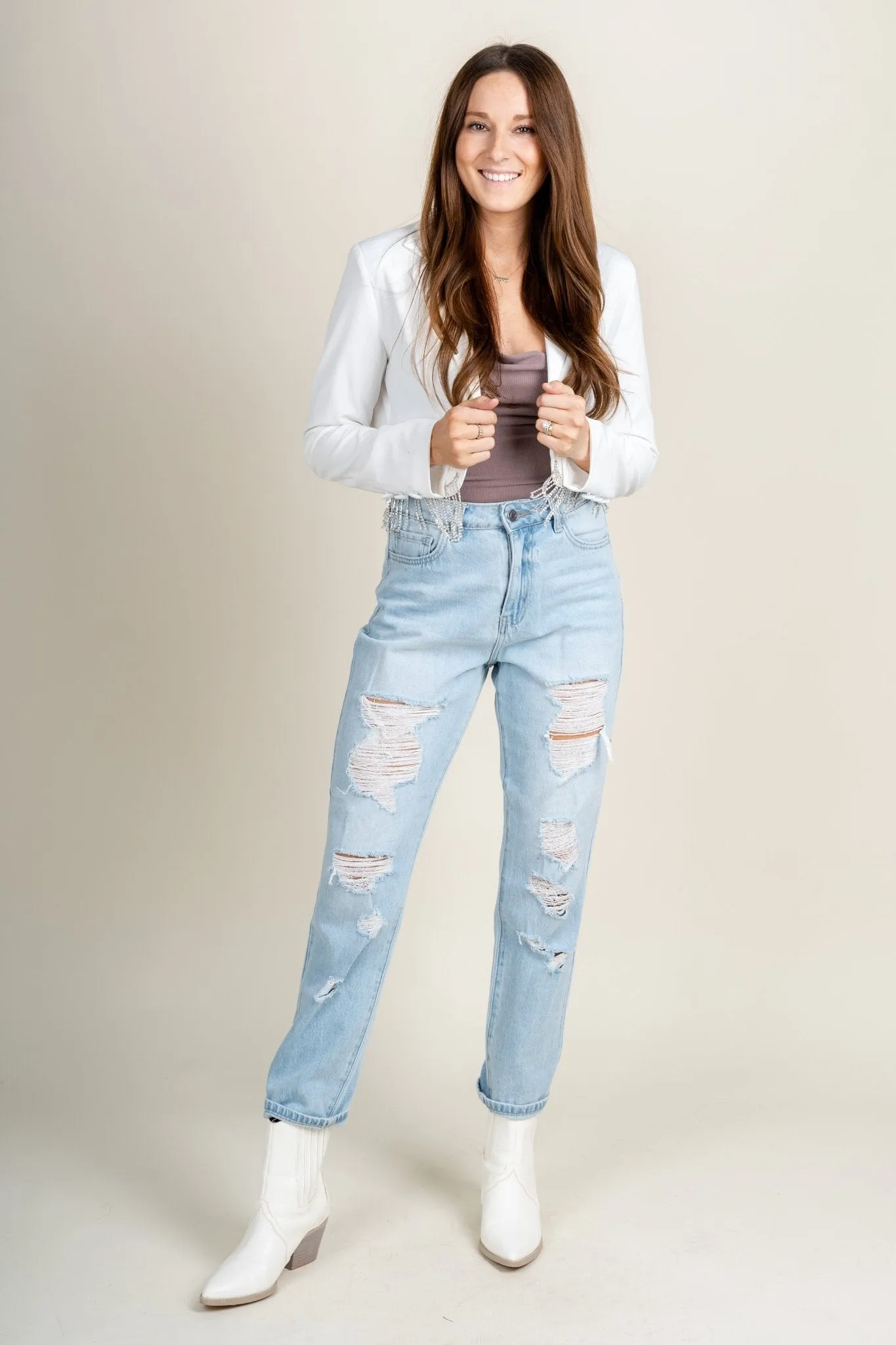 Rhinestone fringe blazer jacket white