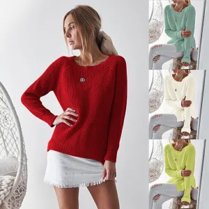 Round Neck Split Loose Solid Color Loose Women Sweater