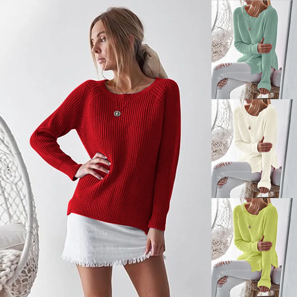 Round Neck Split Loose Solid Color Loose Women Sweater
