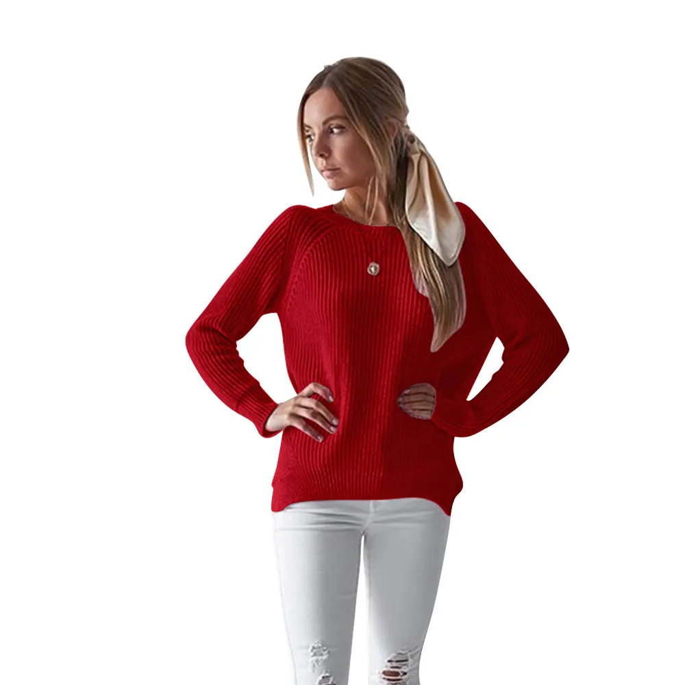 Round Neck Split Loose Solid Color Loose Women Sweater