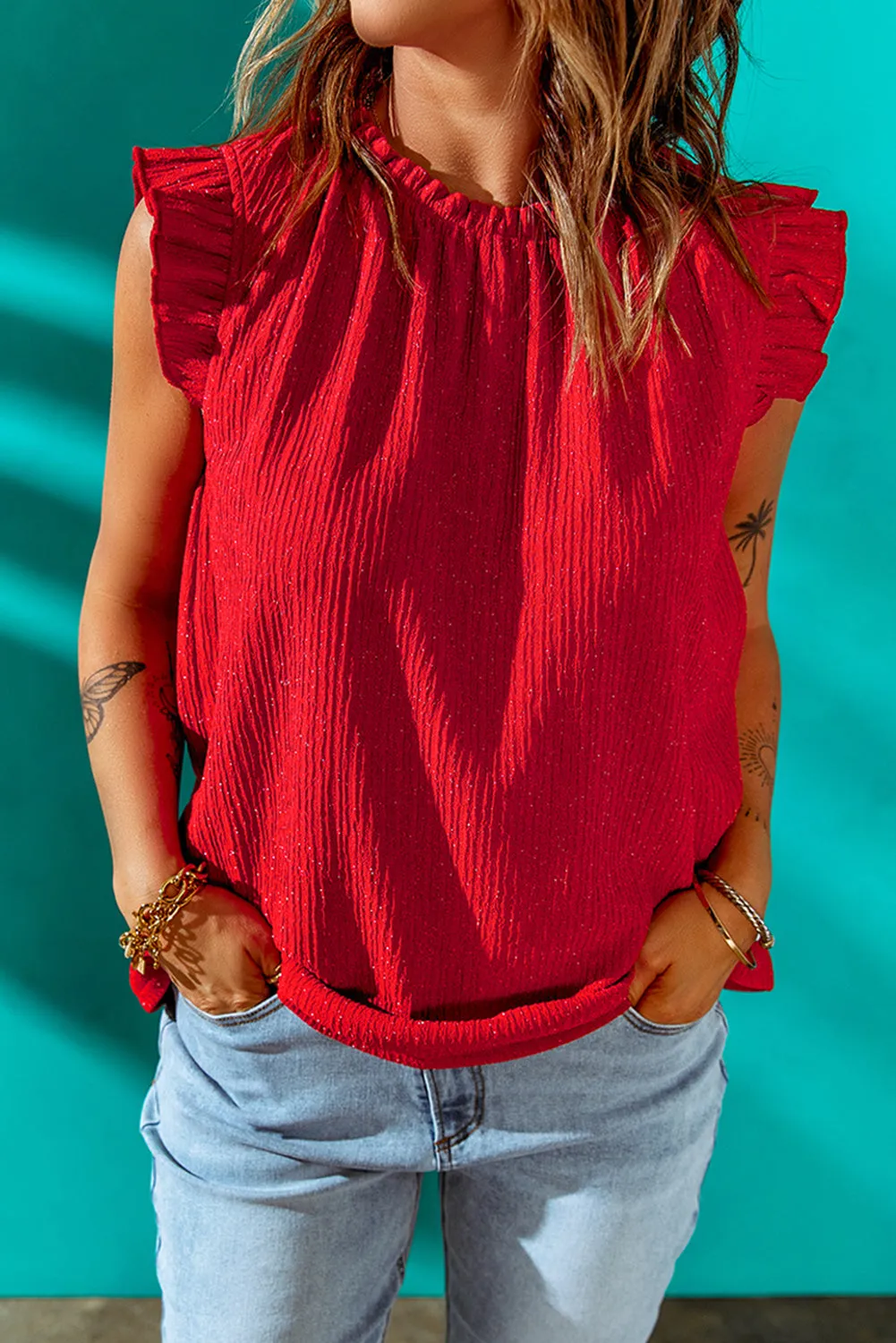 Ruffle Round Neck Sleeveless Top