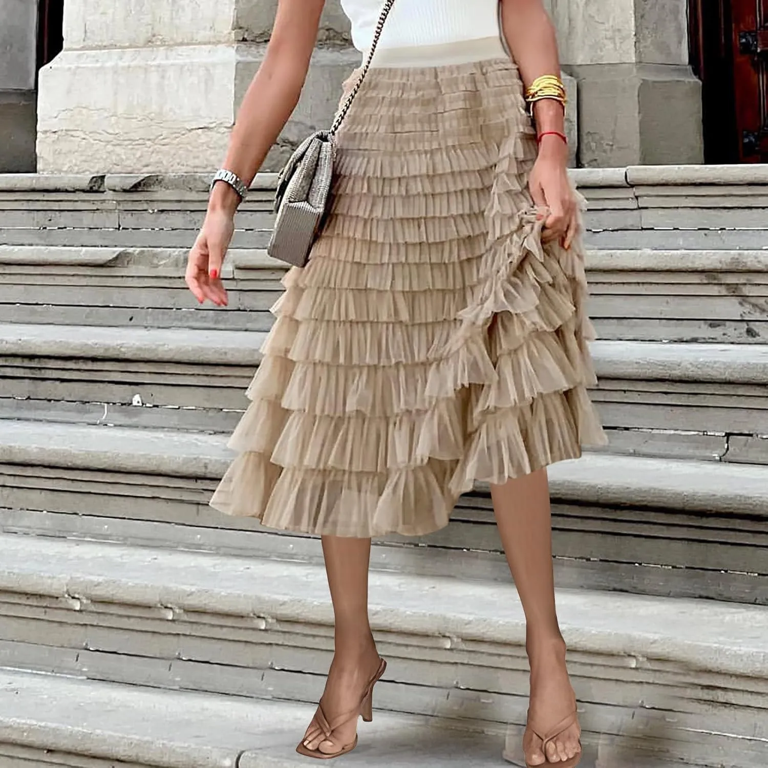 Ruffle Tiered Tulle Skirt for Women Elastic Waist Midi Mesh Skirts Elegant Party Wedding Outfits