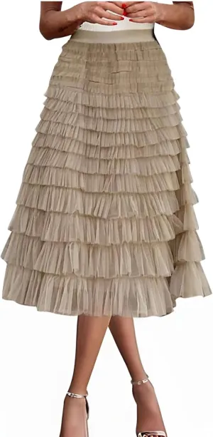 Ruffle Tiered Tulle Skirt for Women Elastic Waist Midi Mesh Skirts Elegant Party Wedding Outfits