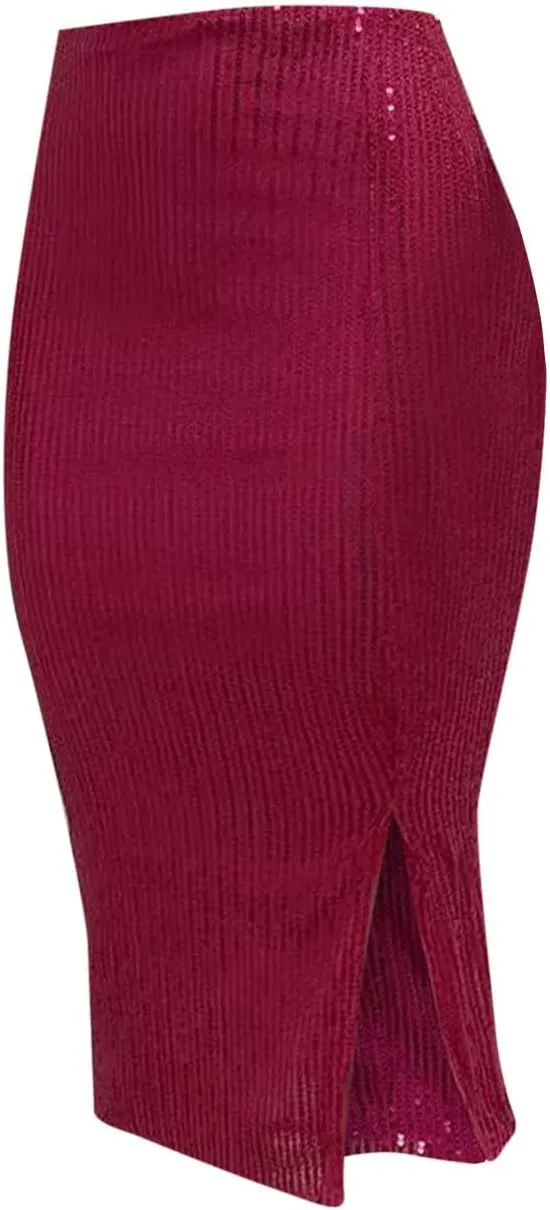 Sequin Skirts for Women Bodycon High Waist Slit Midi Skirt Cocktail Party Nightclub Sparkly Knee Length Skirt
