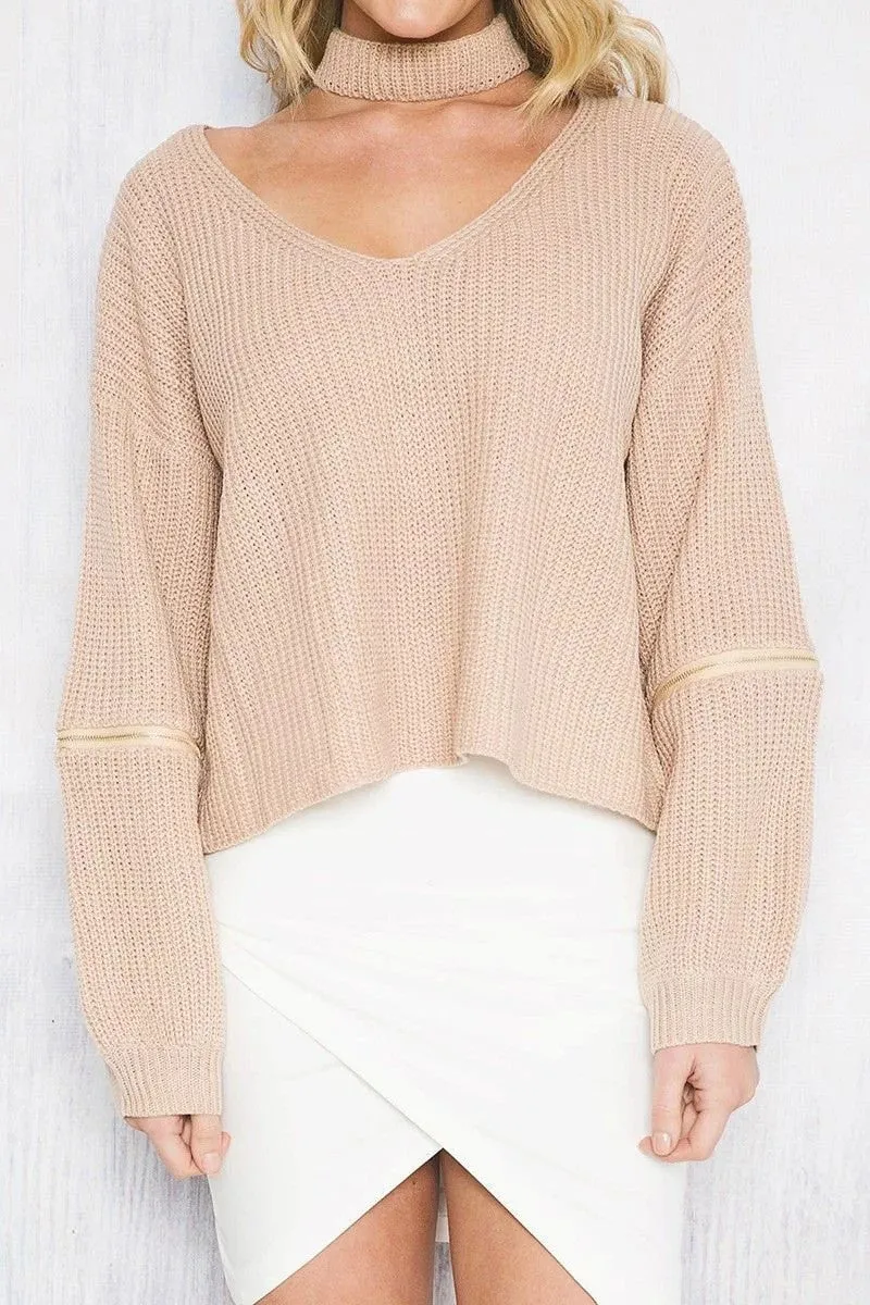 Sexy Halter Hollow Out Zipper Sleeve Sweater