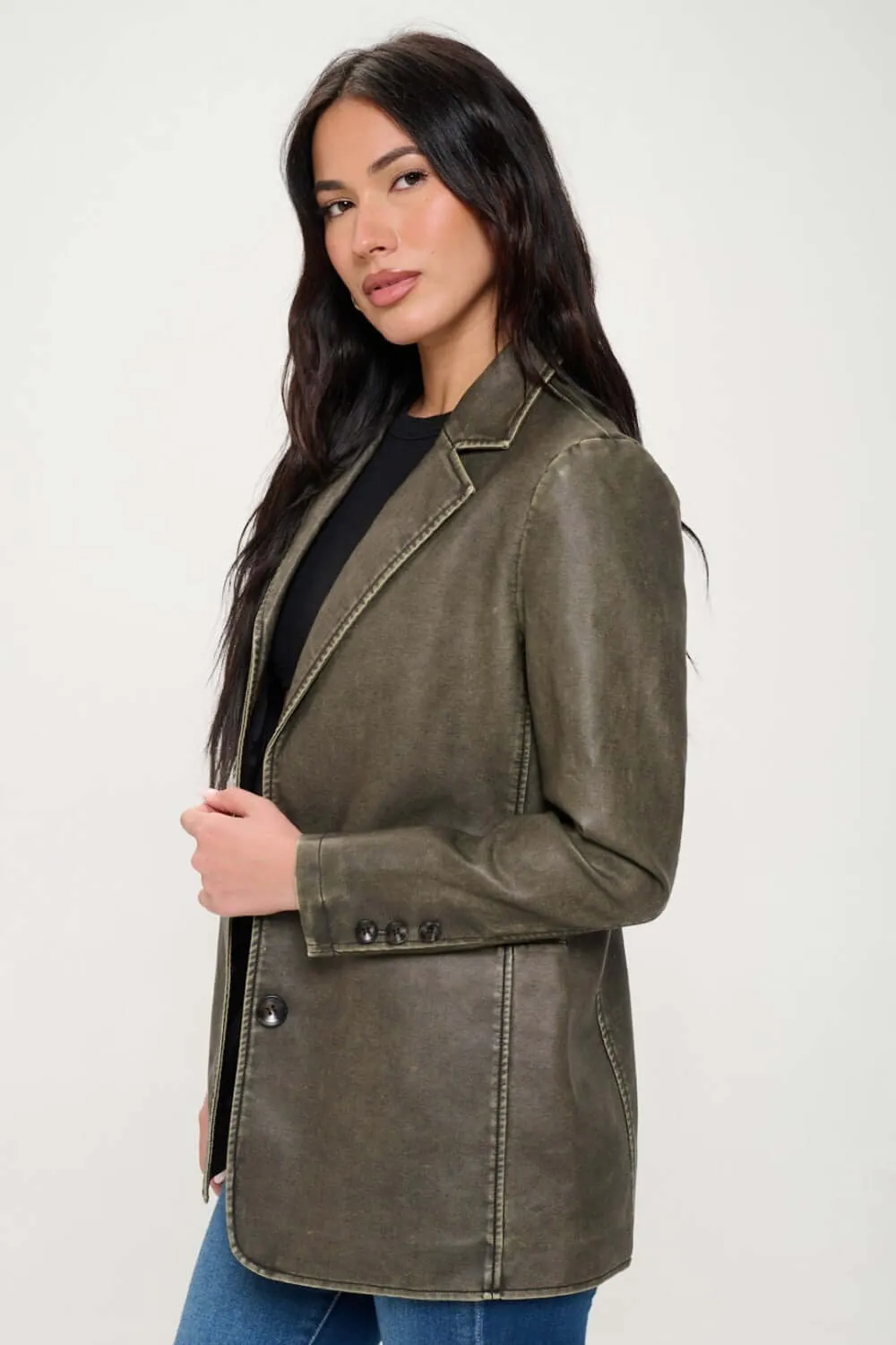 Single-Breasted Vegan Leather Blazer