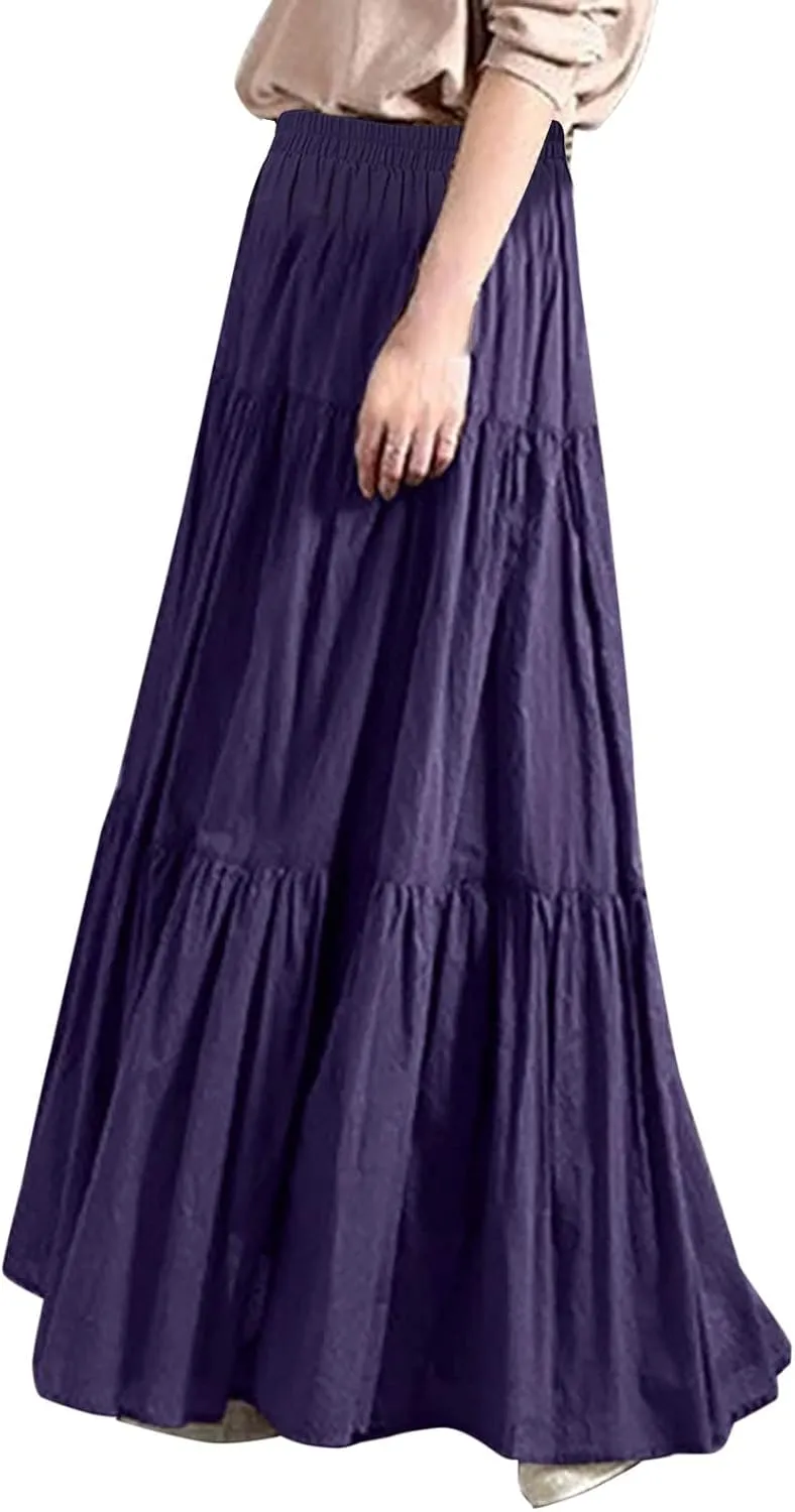 Skirted Toilet Women's Spring/Summer Casual High Waist Linen Solid Pleated Loose Swing Half Length Skirt Skirt