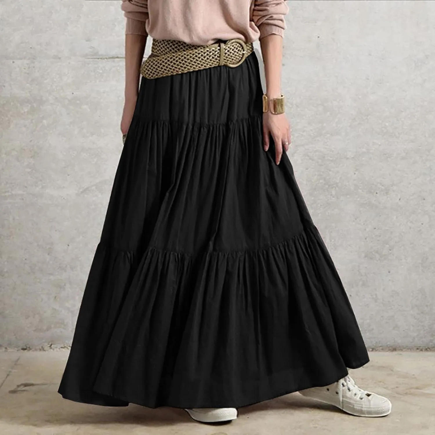 Skirted Toilet Women's Spring/Summer Casual High Waist Linen Solid Pleated Loose Swing Half Length Skirt Skirt