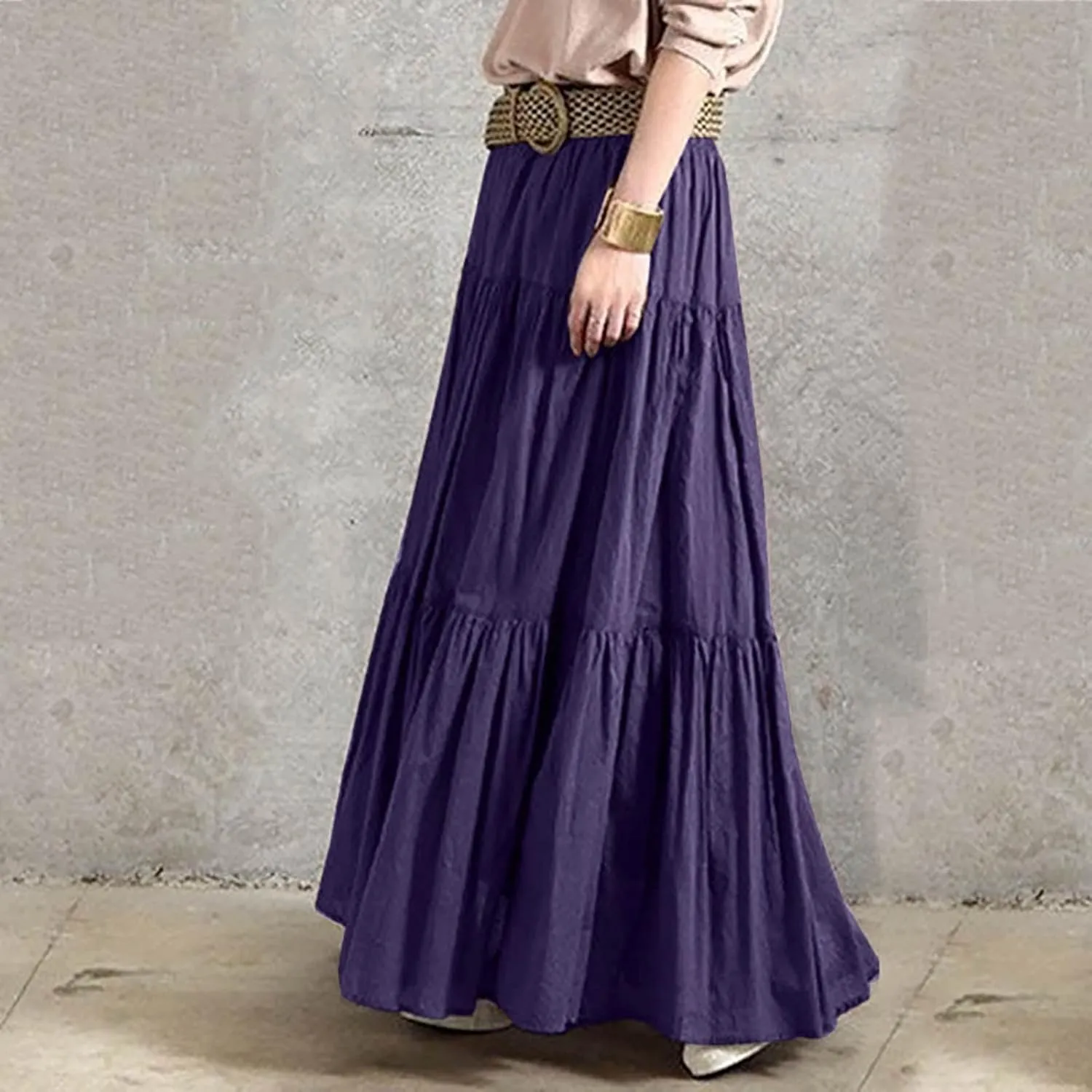 Skirted Toilet Women's Spring/Summer Casual High Waist Linen Solid Pleated Loose Swing Half Length Skirt Skirt
