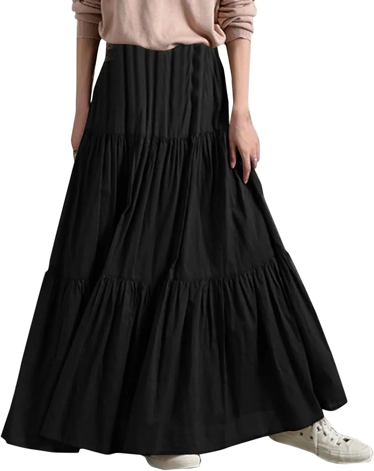 Skirted Toilet Women's Spring/Summer Casual High Waist Linen Solid Pleated Loose Swing Half Length Skirt Skirt