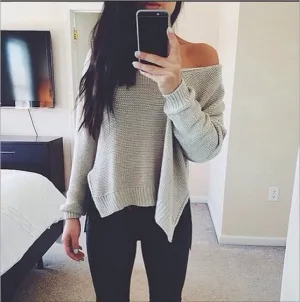 Slit Solid Color Scoop Knit Splicing Sweater