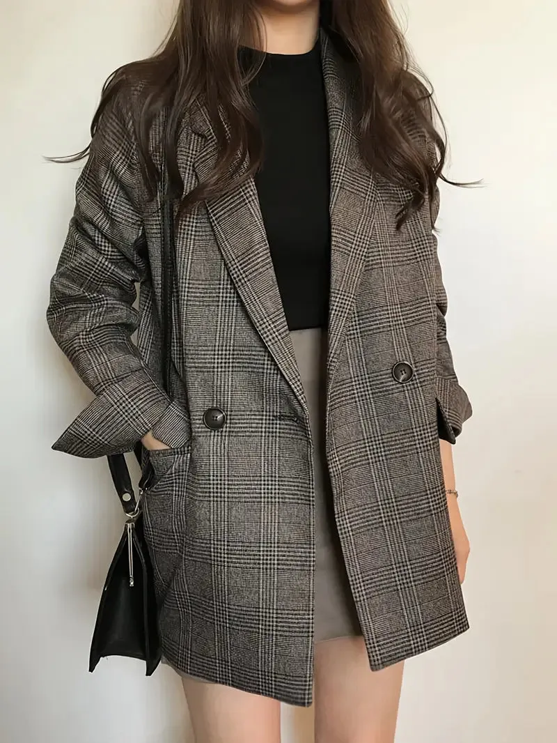 Vintage geruite blazer voor dames - colbert met lange mouwen en zakken