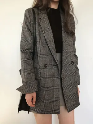 Vintage geruite blazer voor dames - colbert met lange mouwen en zakken