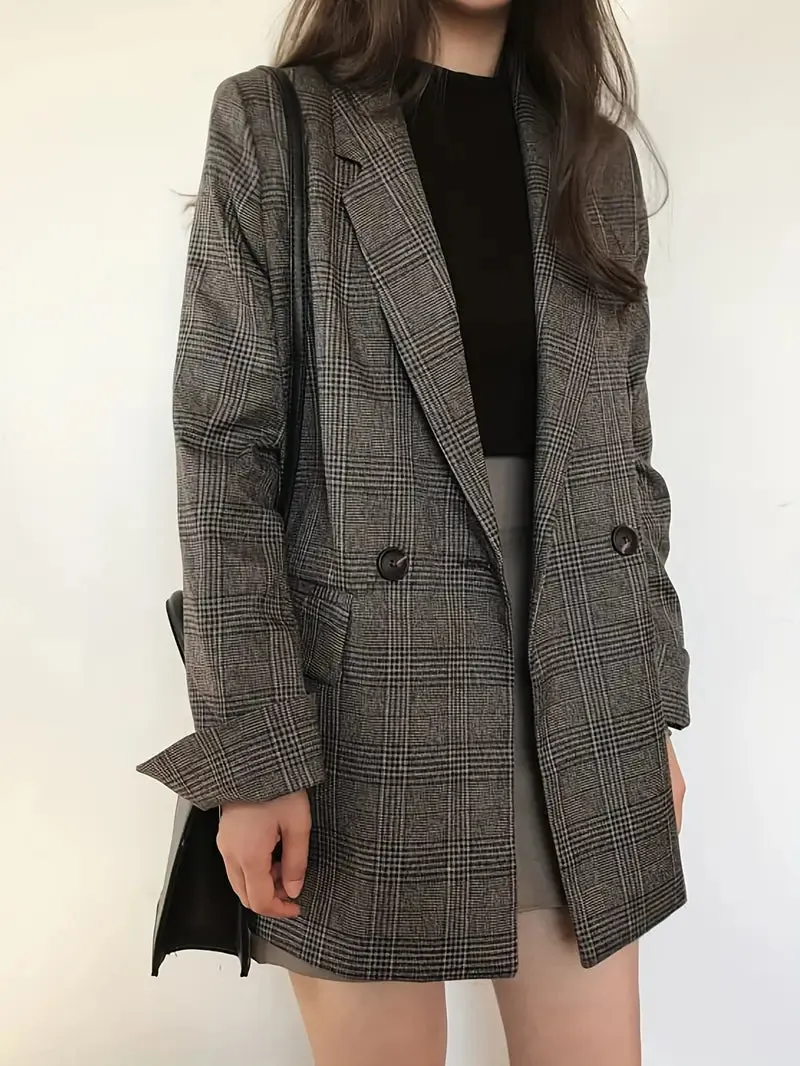 Vintage geruite blazer voor dames - colbert met lange mouwen en zakken
