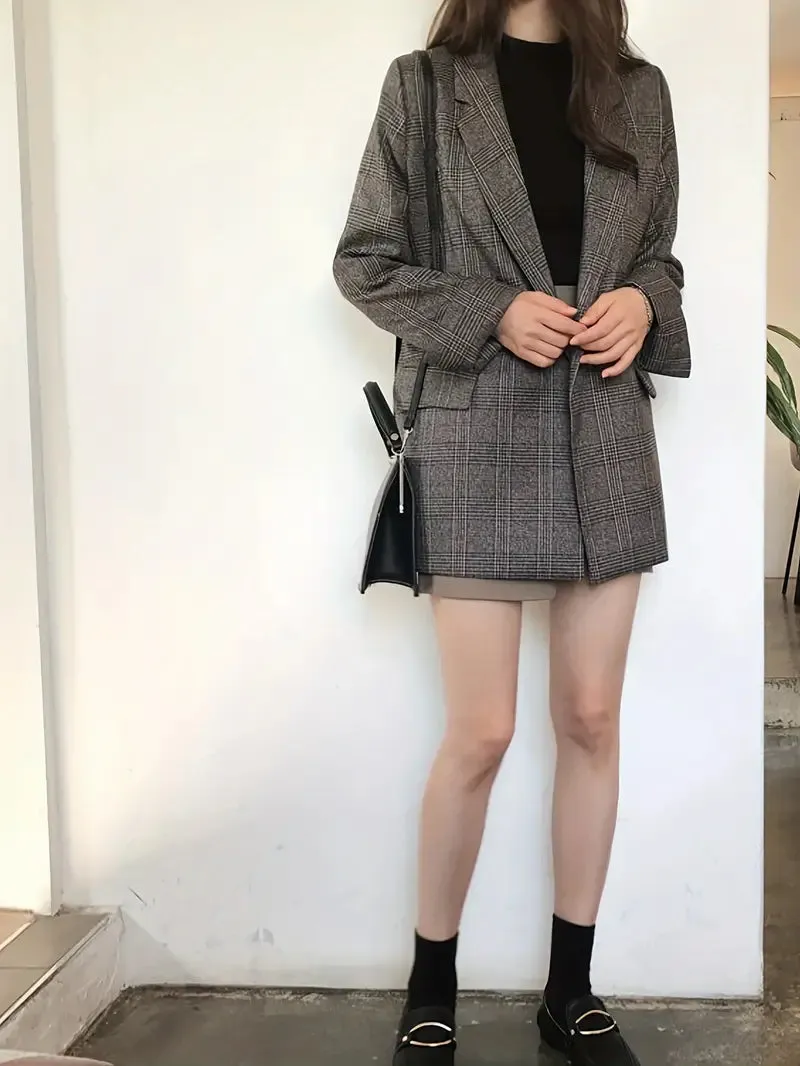 Vintage geruite blazer voor dames - colbert met lange mouwen en zakken