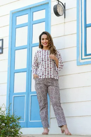 White Printed Cotton Tunic with Trouser