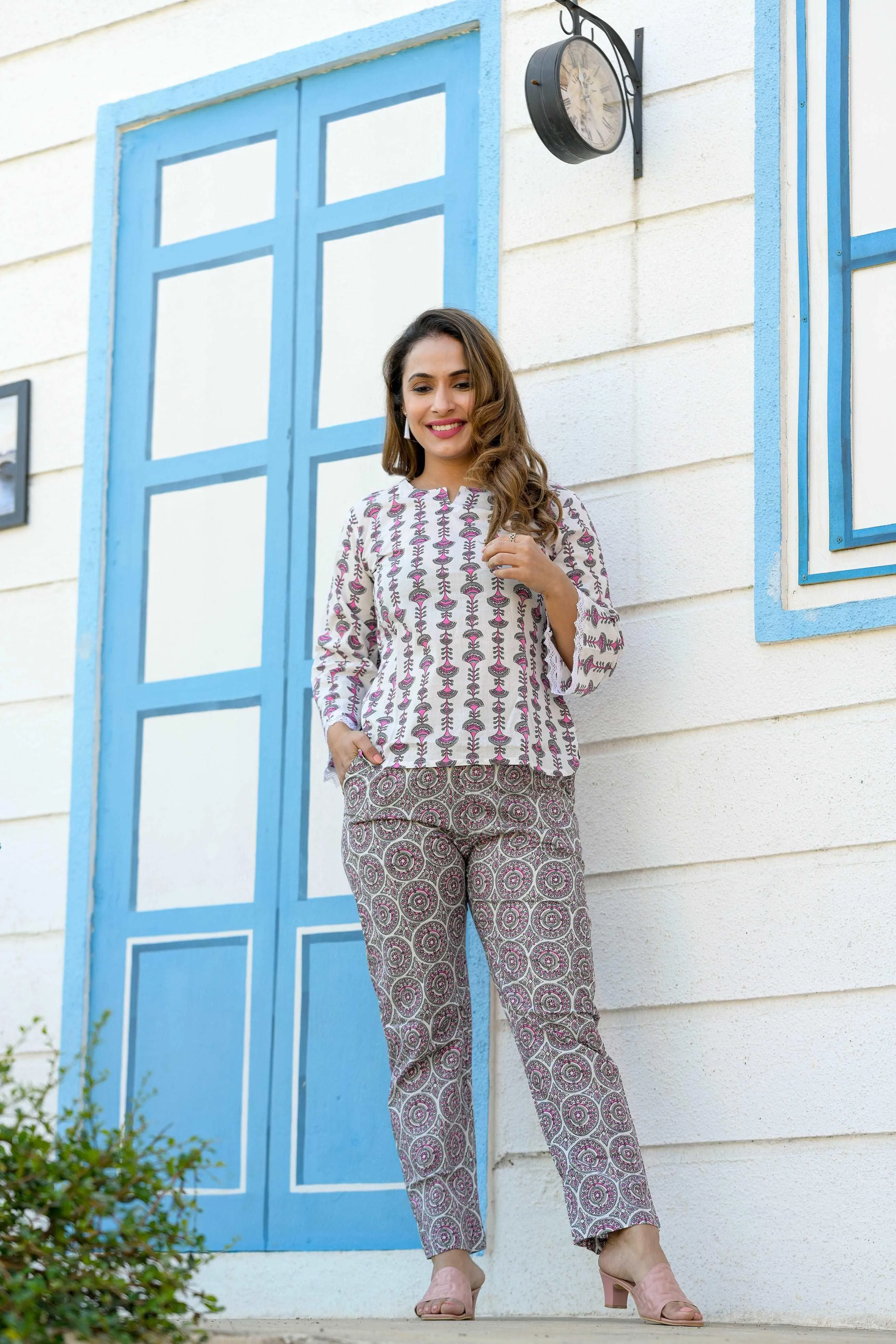White Printed Cotton Tunic with Trouser