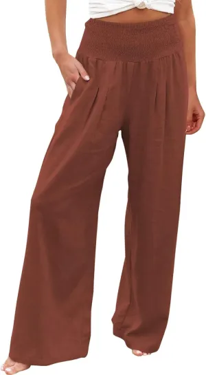 Women Linen Cotton Pants Elastic High Waisted Baggy Casual Palazzo Trousers 2024 Summer Solid Straight Wide Leg Beach Pants