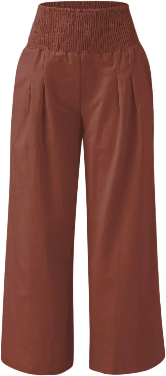 Women Linen Cotton Pants Elastic High Waisted Baggy Casual Palazzo Trousers 2024 Summer Solid Straight Wide Leg Beach Pants