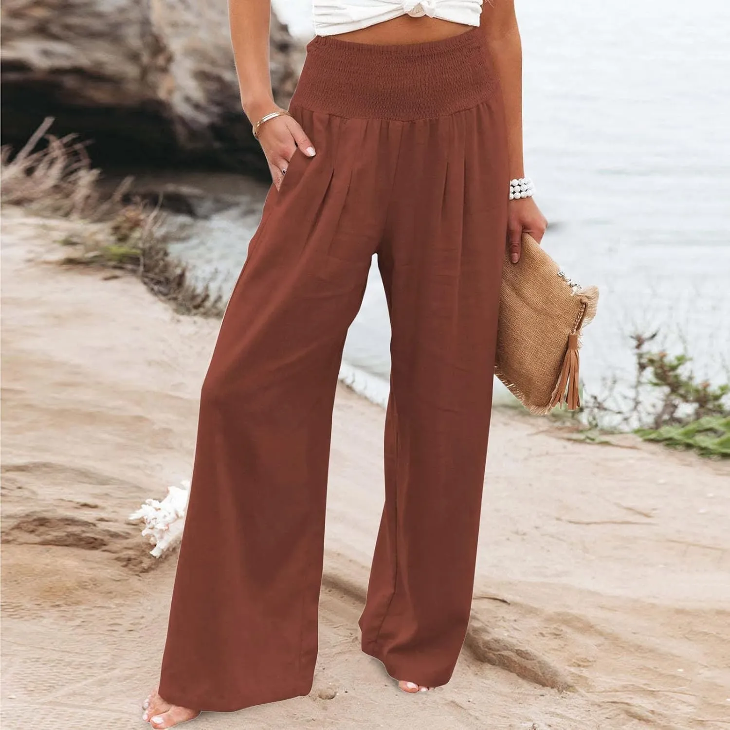 Women Linen Cotton Pants Elastic High Waisted Baggy Casual Palazzo Trousers 2024 Summer Solid Straight Wide Leg Beach Pants
