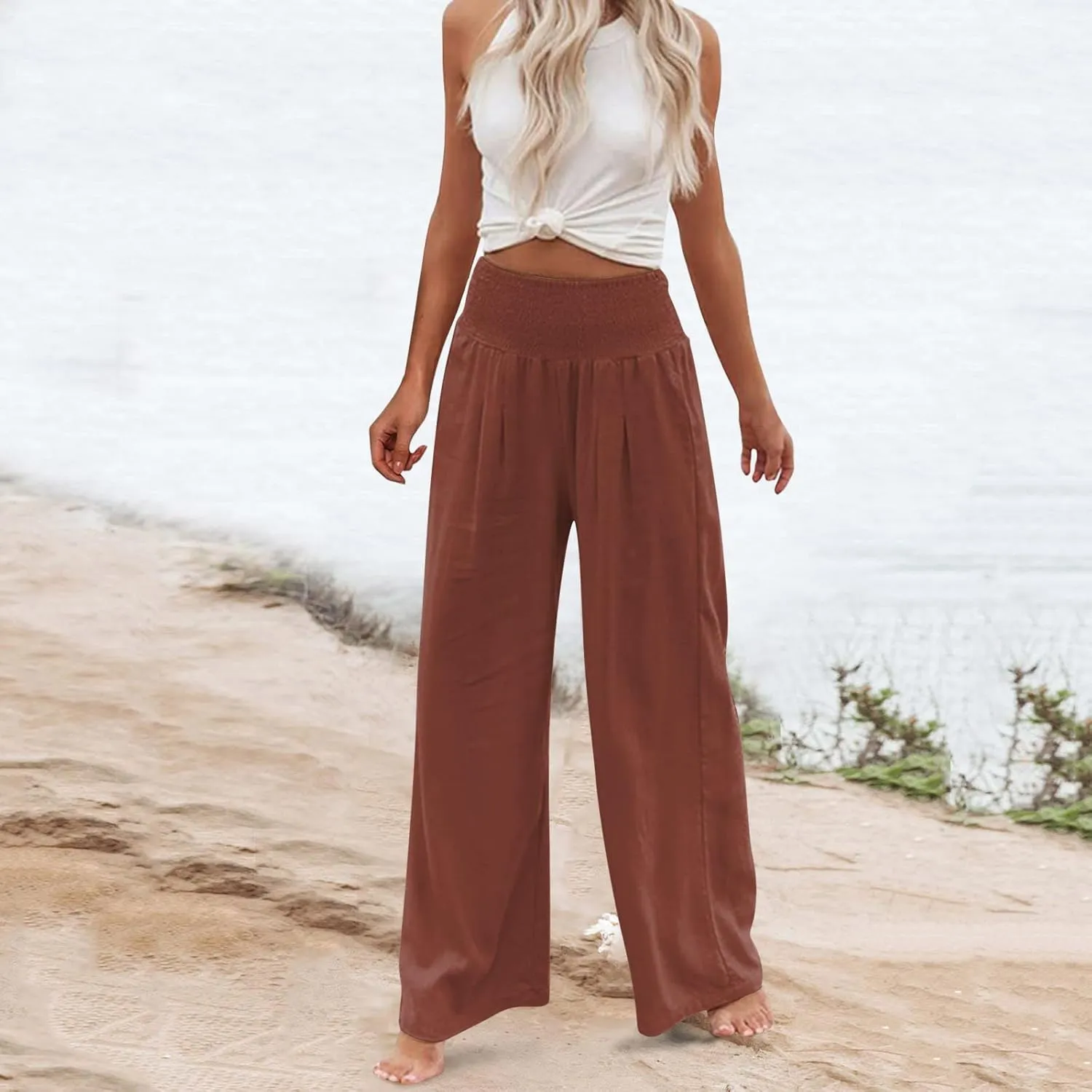 Women Linen Cotton Pants Elastic High Waisted Baggy Casual Palazzo Trousers 2024 Summer Solid Straight Wide Leg Beach Pants