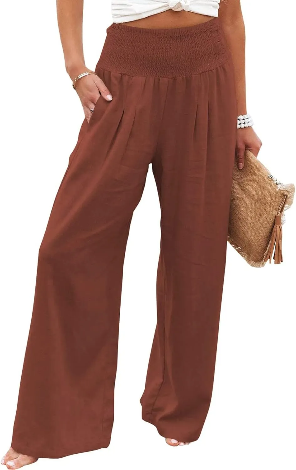 Women Linen Cotton Pants Elastic High Waisted Baggy Casual Palazzo Trousers 2024 Summer Solid Straight Wide Leg Beach Pants