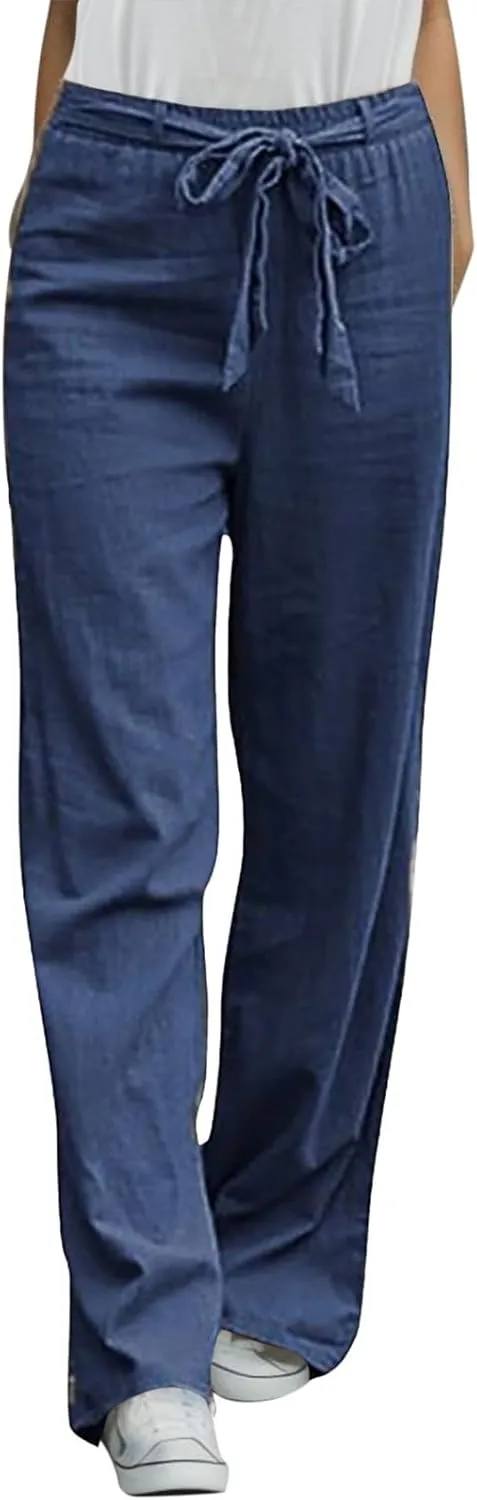Women Straight Leg Summer Pants Adjustable Tie Knot Linen Cotton Trousers Loose Fit Elastic Waist Business Casual Pants
