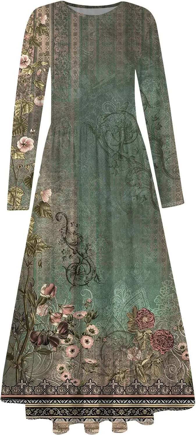 Women's Casual Dresses Summer 2025 Loose Trendy Crew Neck Long Sleeve Floral Print Maxi Boho Dress Plus Size, S-3XL