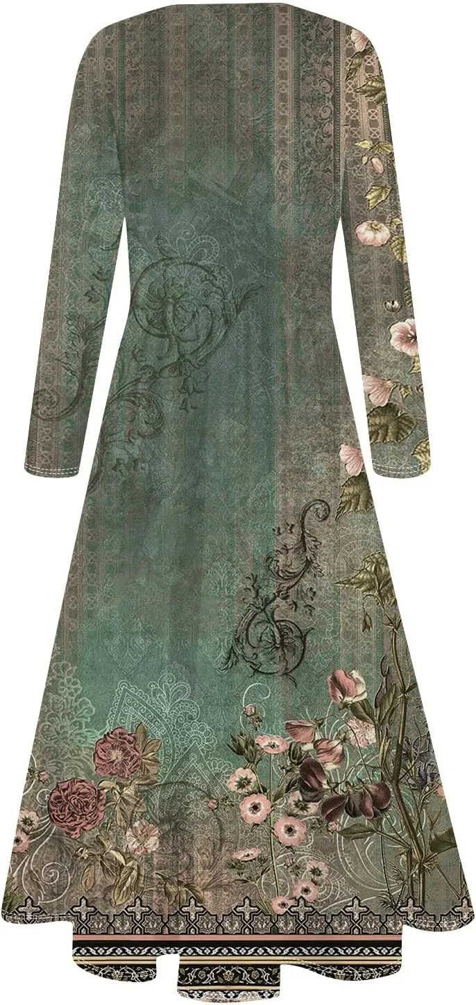 Women's Casual Dresses Summer 2025 Loose Trendy Crew Neck Long Sleeve Floral Print Maxi Boho Dress Plus Size, S-3XL