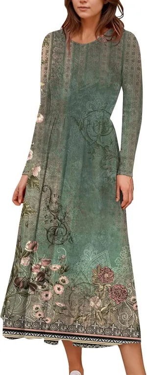 Women's Casual Dresses Summer 2025 Loose Trendy Crew Neck Long Sleeve Floral Print Maxi Boho Dress Plus Size, S-3XL