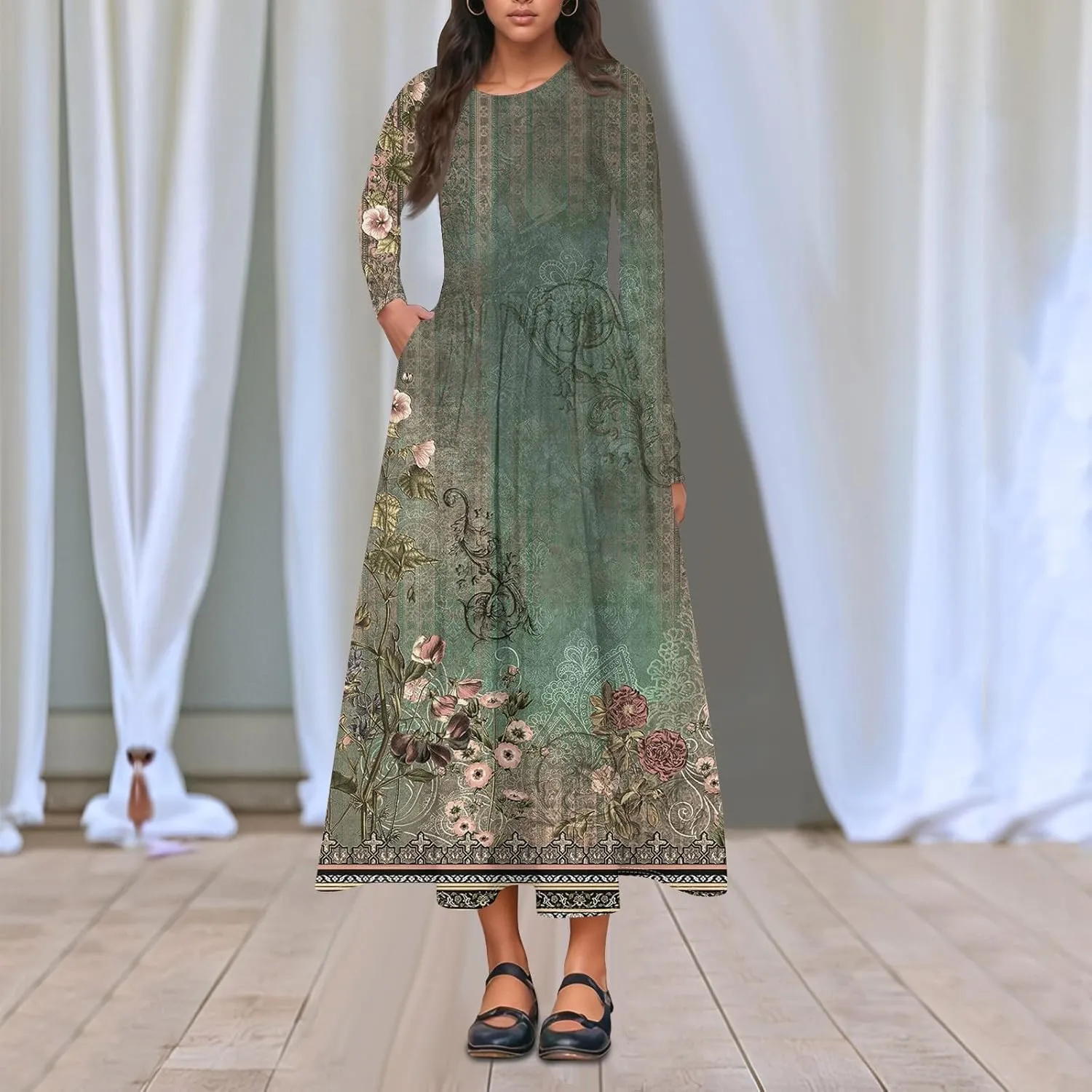 Women's Casual Dresses Summer 2025 Loose Trendy Crew Neck Long Sleeve Floral Print Maxi Boho Dress Plus Size, S-3XL