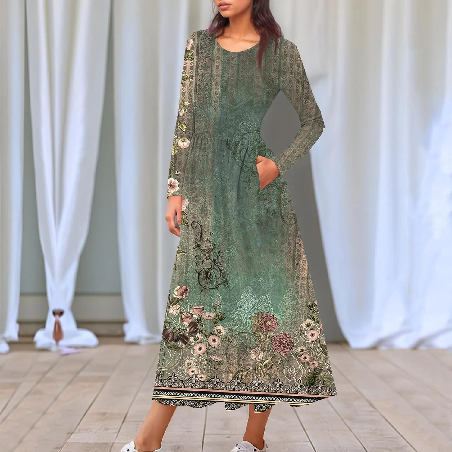 Women's Casual Dresses Summer 2025 Loose Trendy Crew Neck Long Sleeve Floral Print Maxi Boho Dress Plus Size, S-3XL