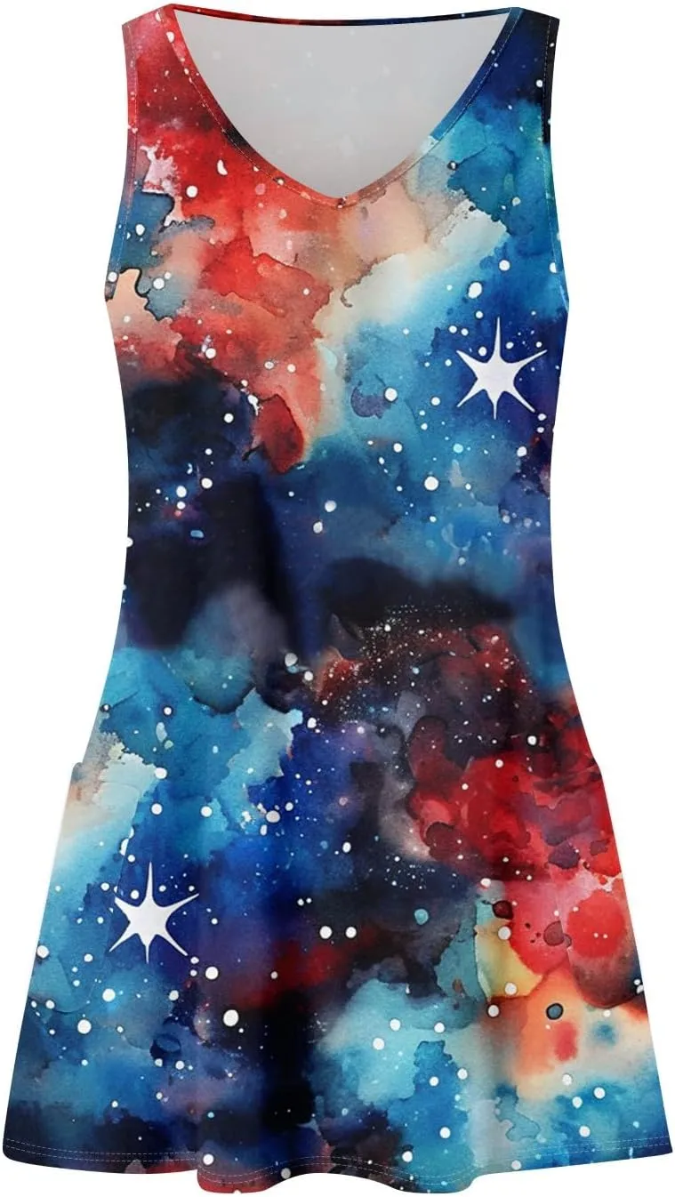 Women's Casual Dresses Summer 4Th of July V Neck Sleeveless Patriotic Dresses Stars Printed Tank Dress, S-2XL