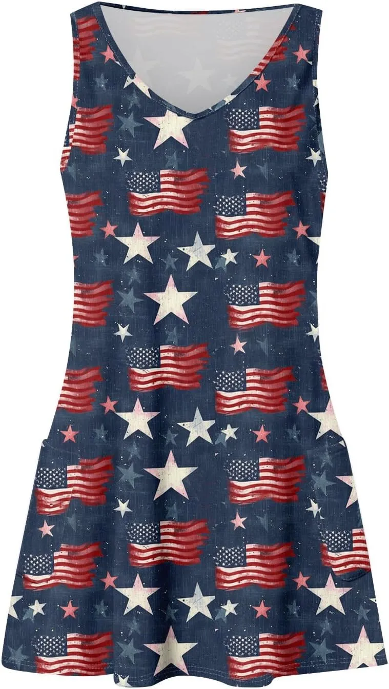 Women's Casual Dresses Summer 4Th of July V Neck Sleeveless Patriotic Dresses Stars Printed Tank Dress, S-2XL