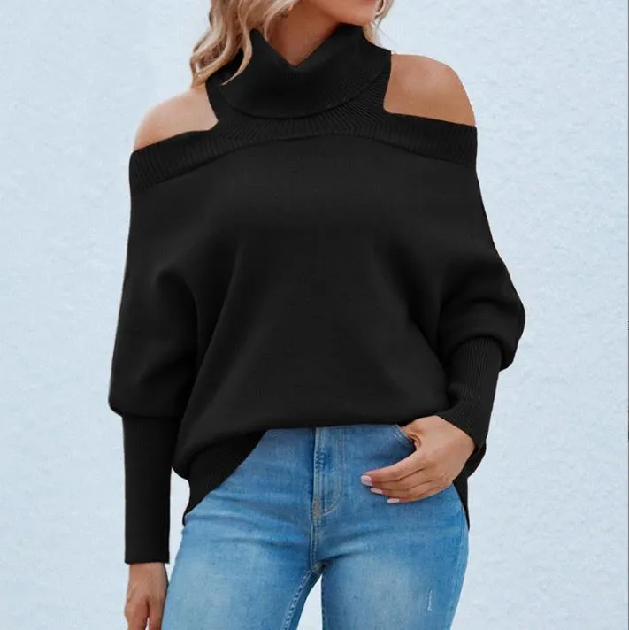 Womens Off Shoulder Sweaters Turtleneck Oversized Batwing Sweaters Sexy Pullover Knit Sweater