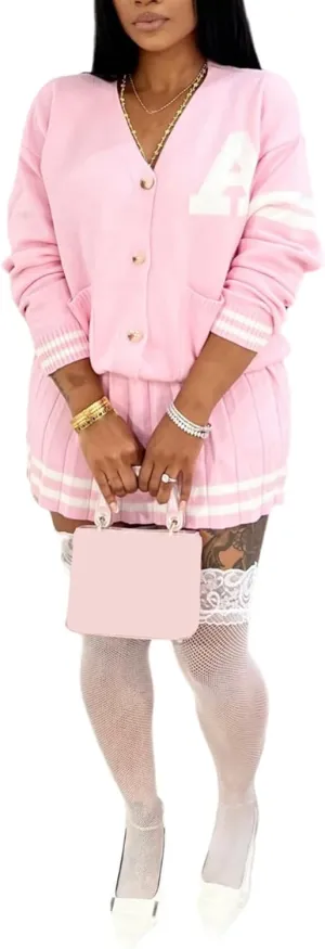 Womens Spring Sets Women 2 Piece Outfits Knit Long Sleeve Button down Cardigan Sweaters Pleated Mini Skirt Set